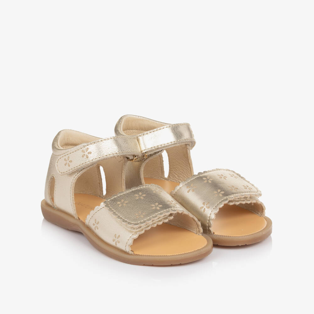 Naturino-Girls Gold Leather Sandals with Flower Motifs | Childrensalon