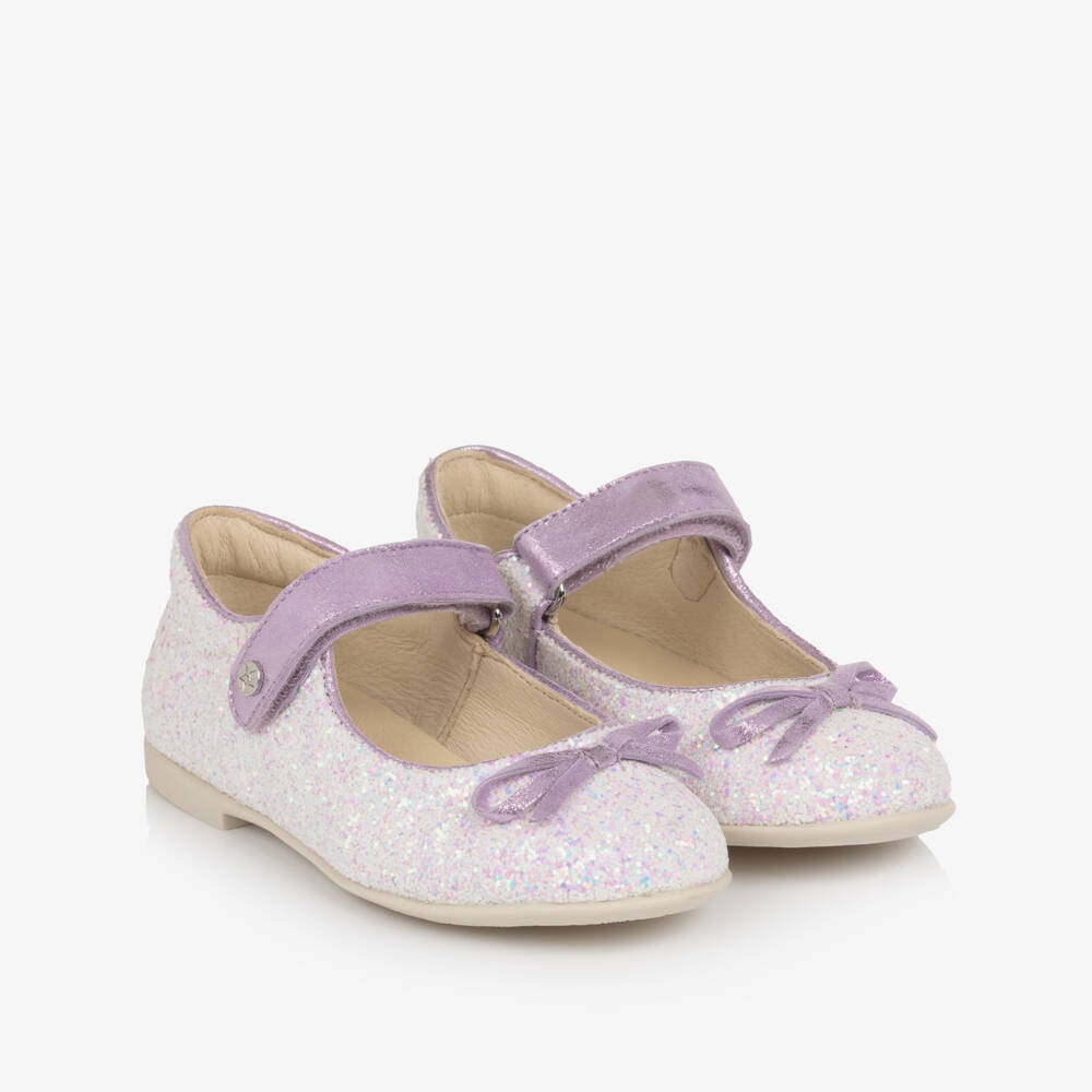 Naturino-Girls Purple Glitter Leather Mary Jane Shoes | Childrensalon