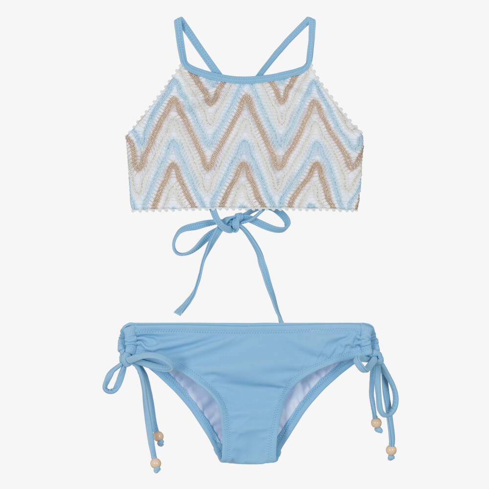 Nessi Byrd-Girls Blue & Beige Bikini with Zigzag Overlay | Childrensalon