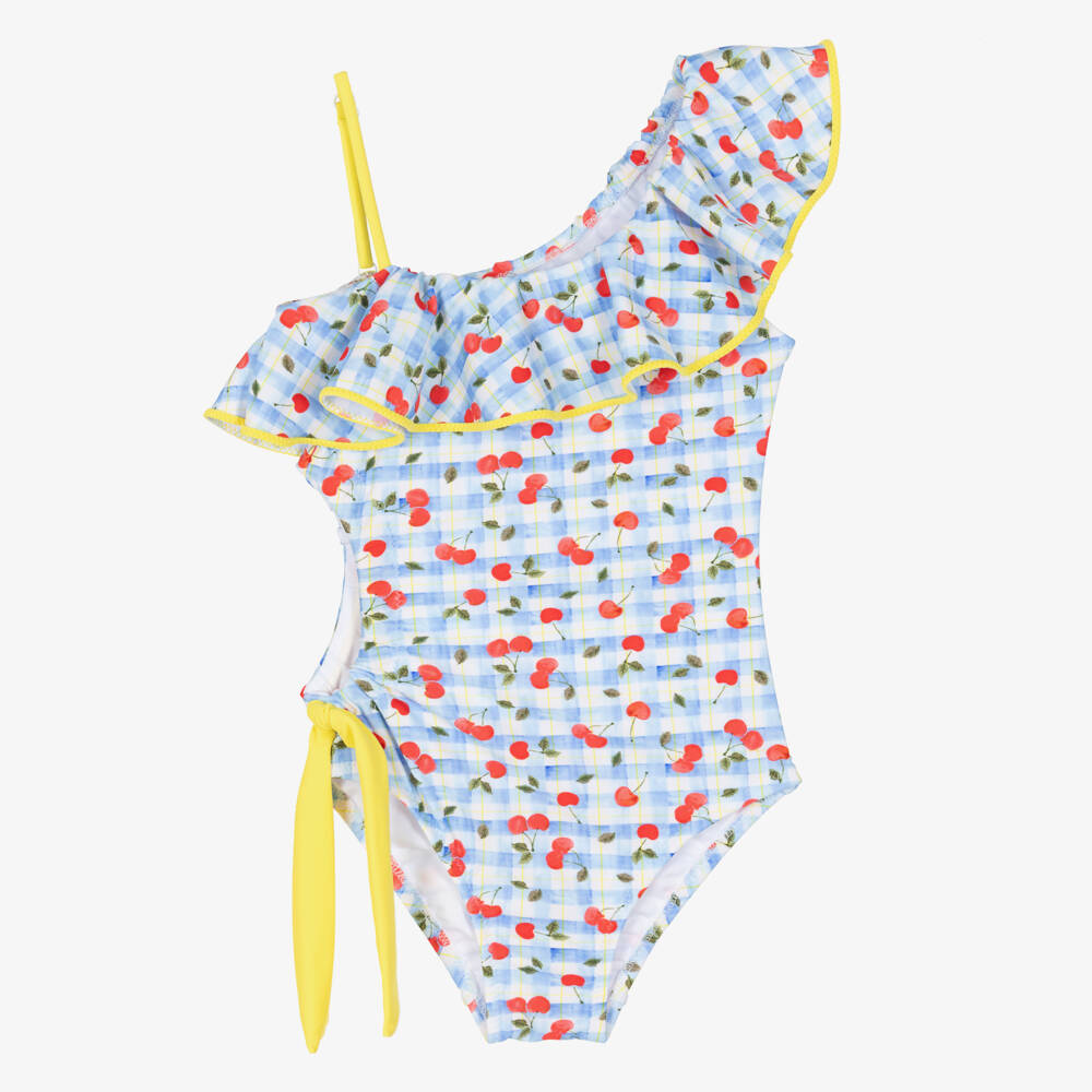 Nessi Byrd-Girls Blue Check & Cherry Print Swimsuit | Childrensalon