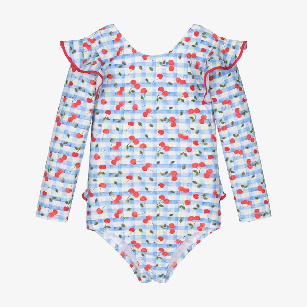 Nessi Byrd-Girls Blue Gingham & Cherry Print Swimsuit (UV50) | Childrensalon