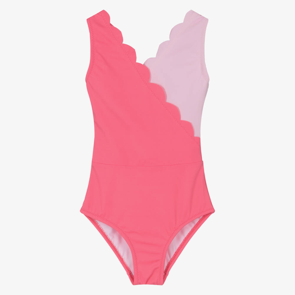 Nessi Byrd-Girls Two-Tone Pink Scalloped Swimsuit (UV50) | Childrensalon