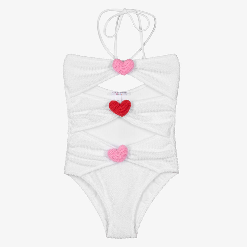 Nessi Byrd-Girls White Crinkle Swimsuit with Pink & Red Hearts | Childrensalon