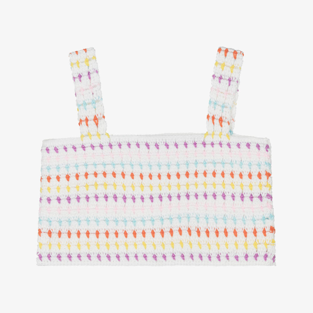 Nessi Byrd-Girls White & Rainbow Crochet Knit Crop Top | Childrensalon