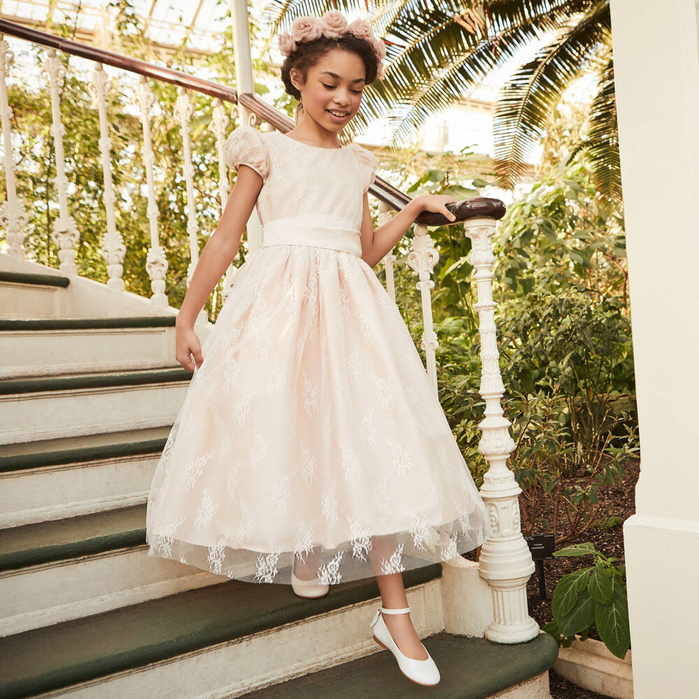 Nicki Macfarlane-Girls Pale Pink Taffeta & Lace Dress | Childrensalon