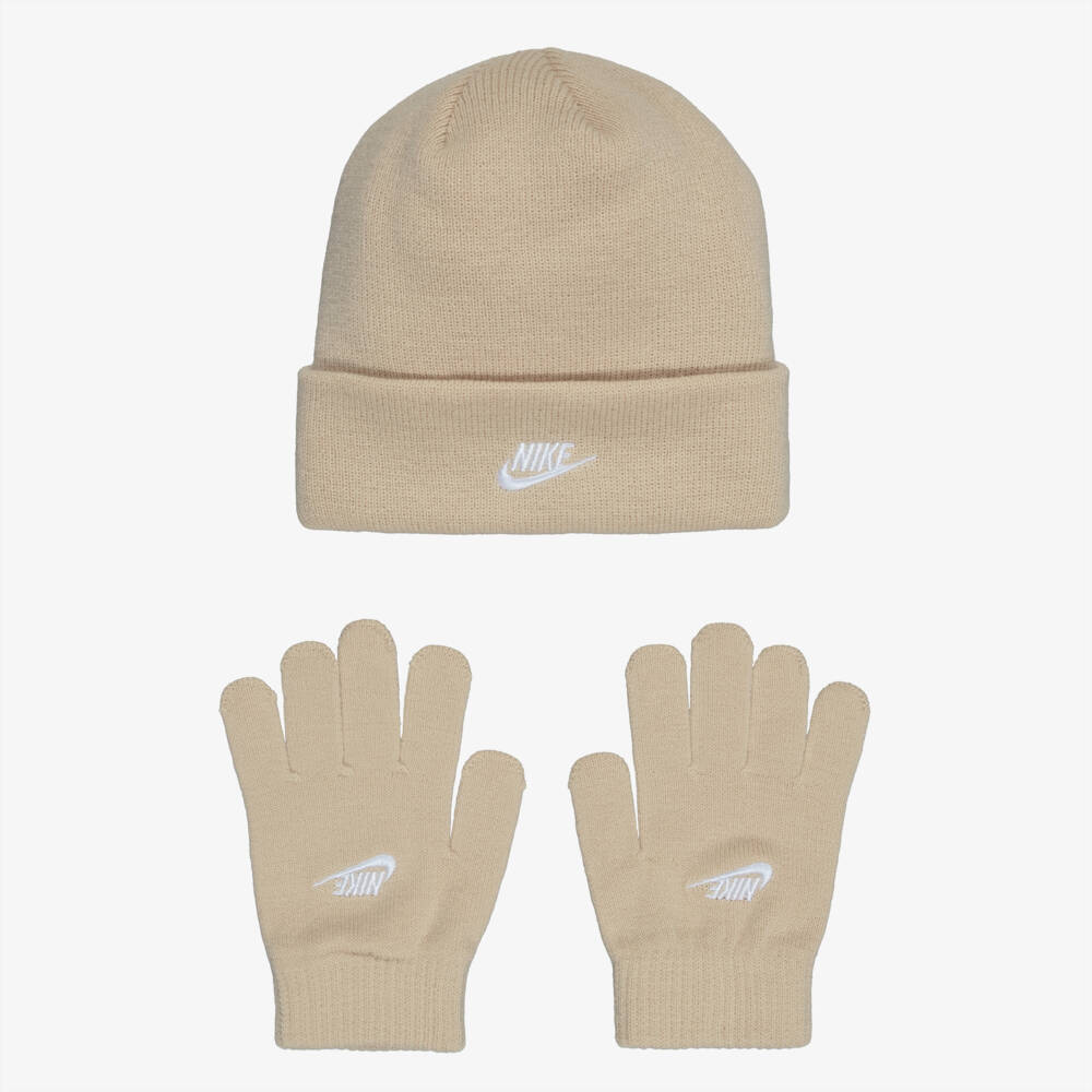 Nike-Beige Ribbed Knit Hat & Gloves Set with Swoosh Logo | Childrensalon