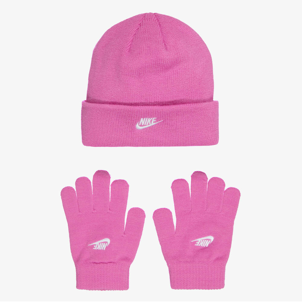 Nike-Pink Ribbed Knit Hat & Gloves Set with Swoosh Logo | Childrensalon