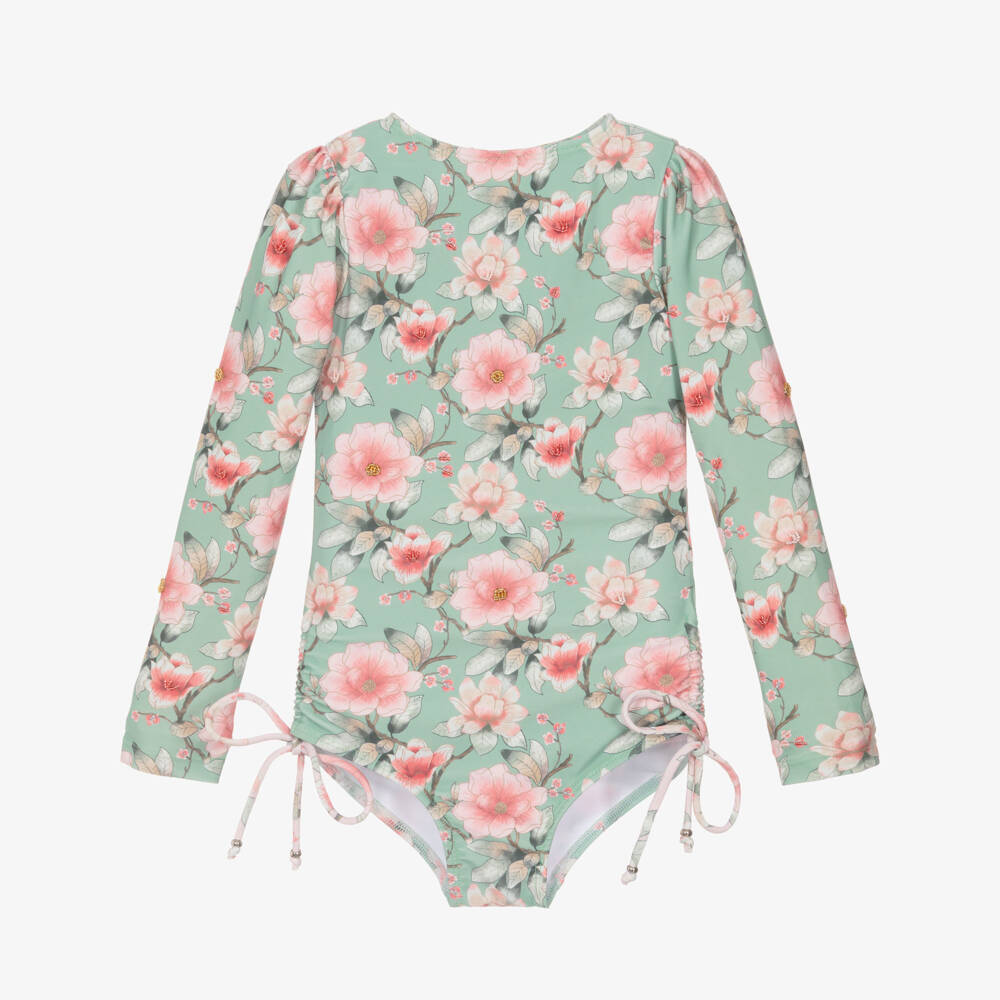 Olga Valentine-Girls Green Floral Print Long Sleeve Swimsuit (UPF50+) | Childrensalon