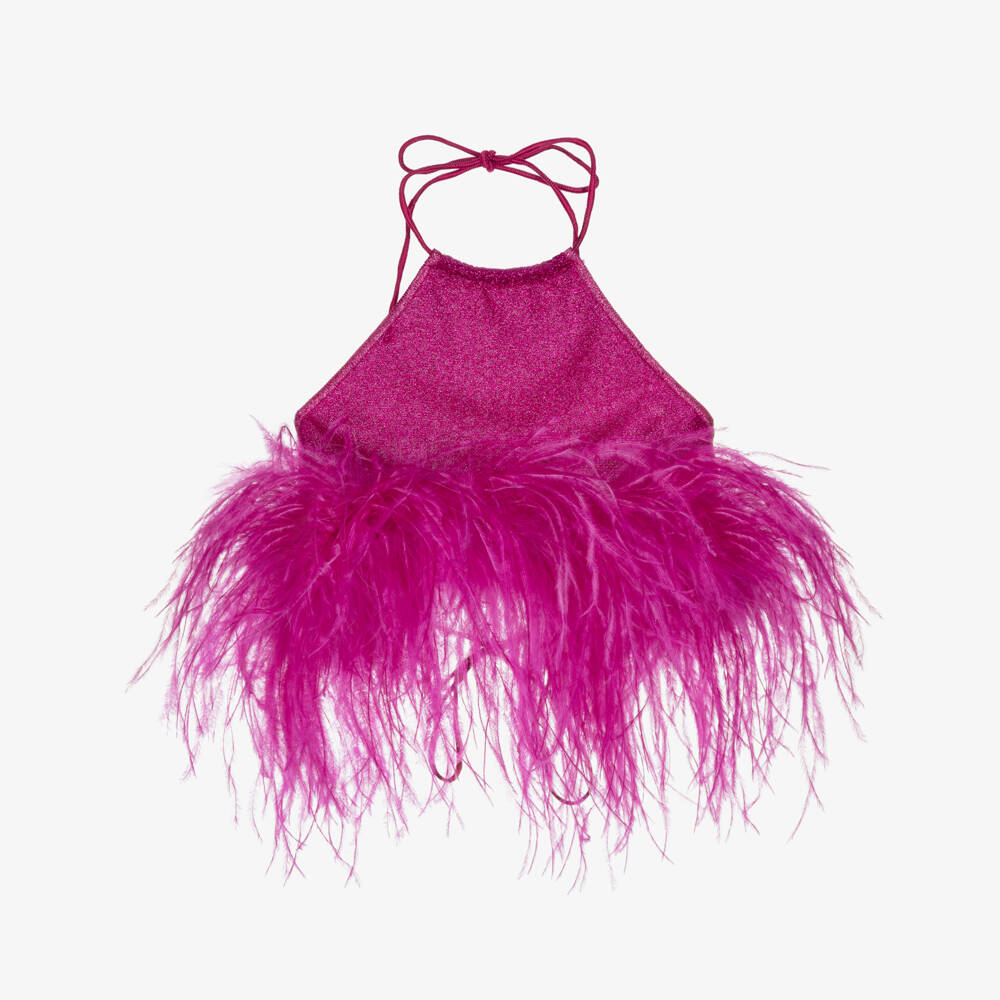 Oséree-Girls Fuchsia Pink Lumiére Feather Trim Halter Neck Top | Childrensalon
