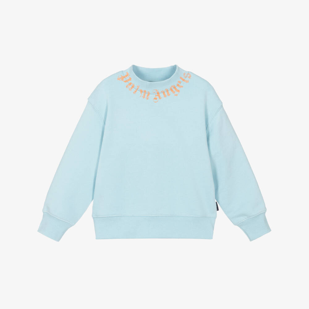 Palm Angels-Pale Blue Cotton Sweatshirt with Distressed Orange Logo | Childrensalon