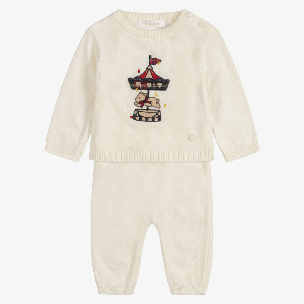 Patachou-Baby Boys Ivory Knitted Trouser Set with Carousel Motif | Childrensalon