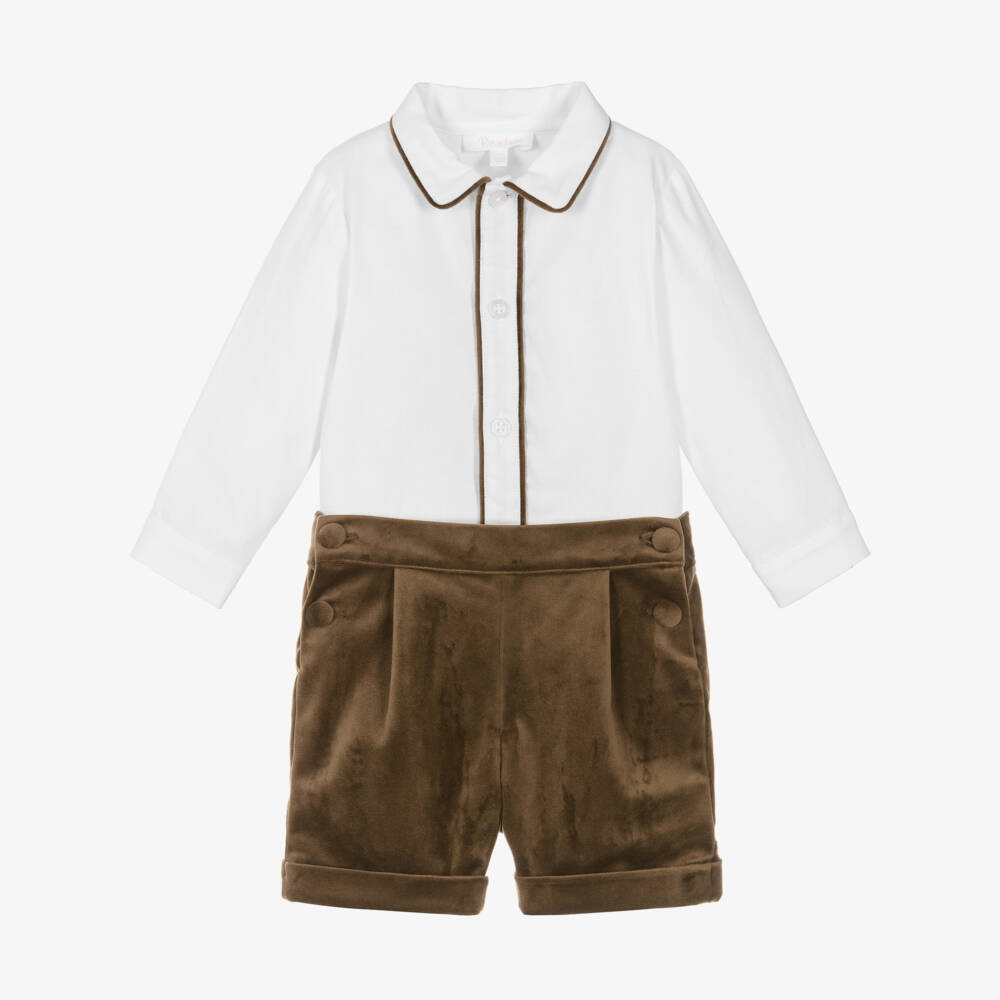 Patachou-Baby Boys White & Brown Velvet Buster Suit | Childrensalon