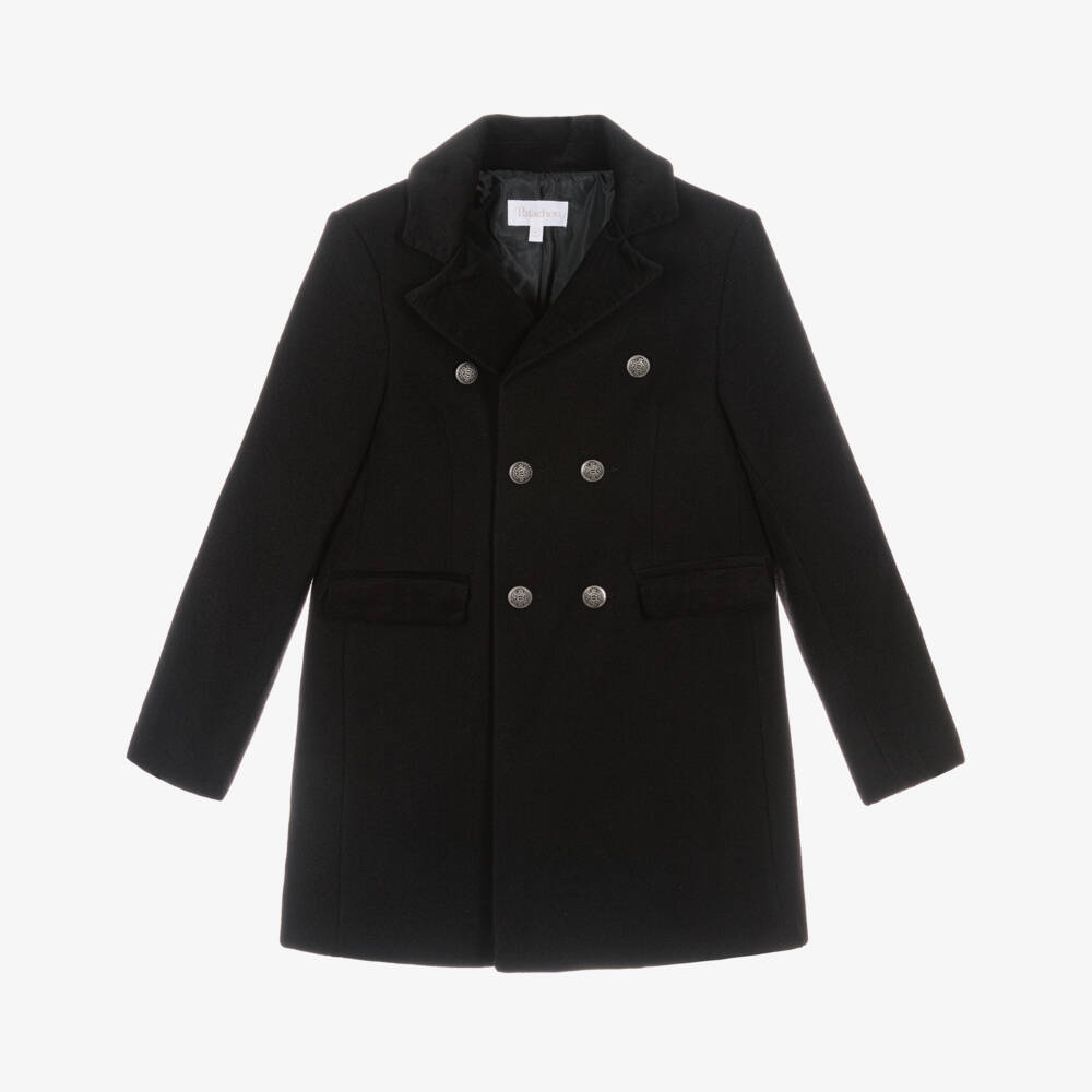 Patachou-Boys Black Felted Double Breasted Coat with Velvet Trim | Childrensalon