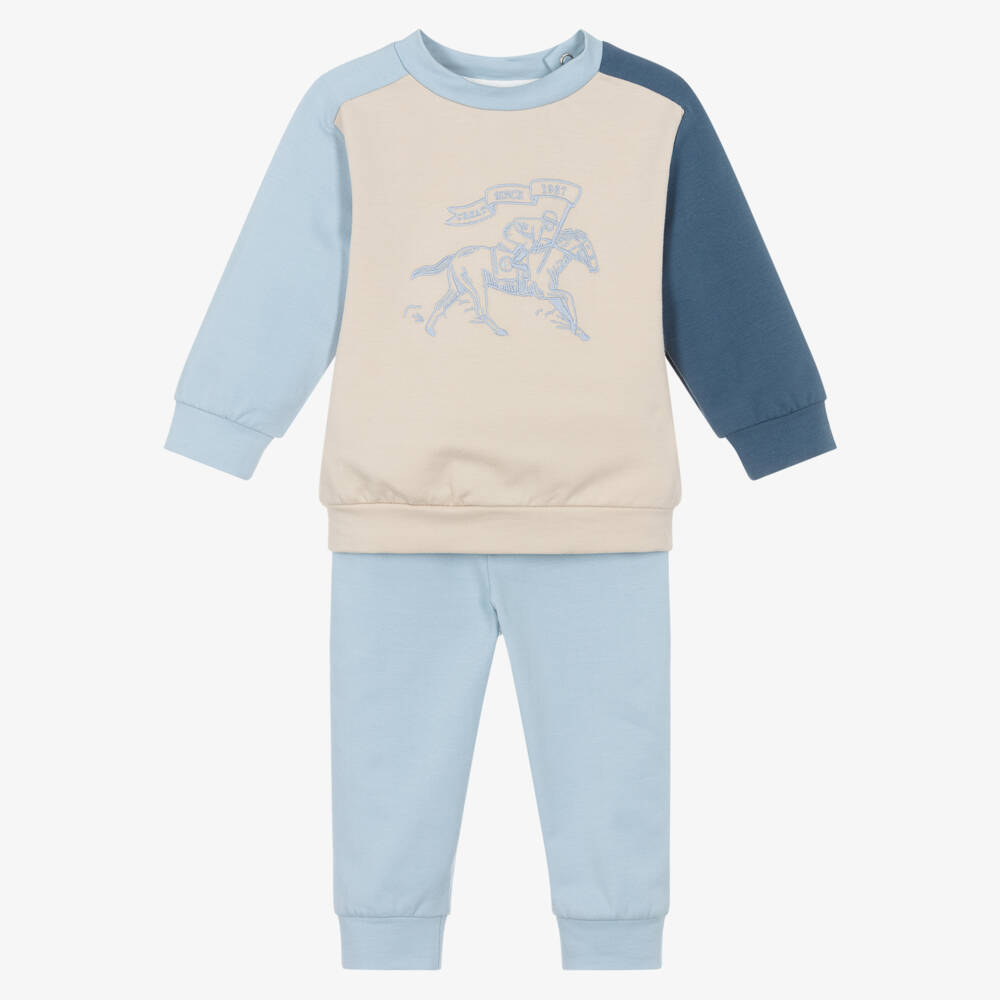 Patachou-Boys Blue & Beige Tracksuit with Racehorse Embroidery | Childrensalon