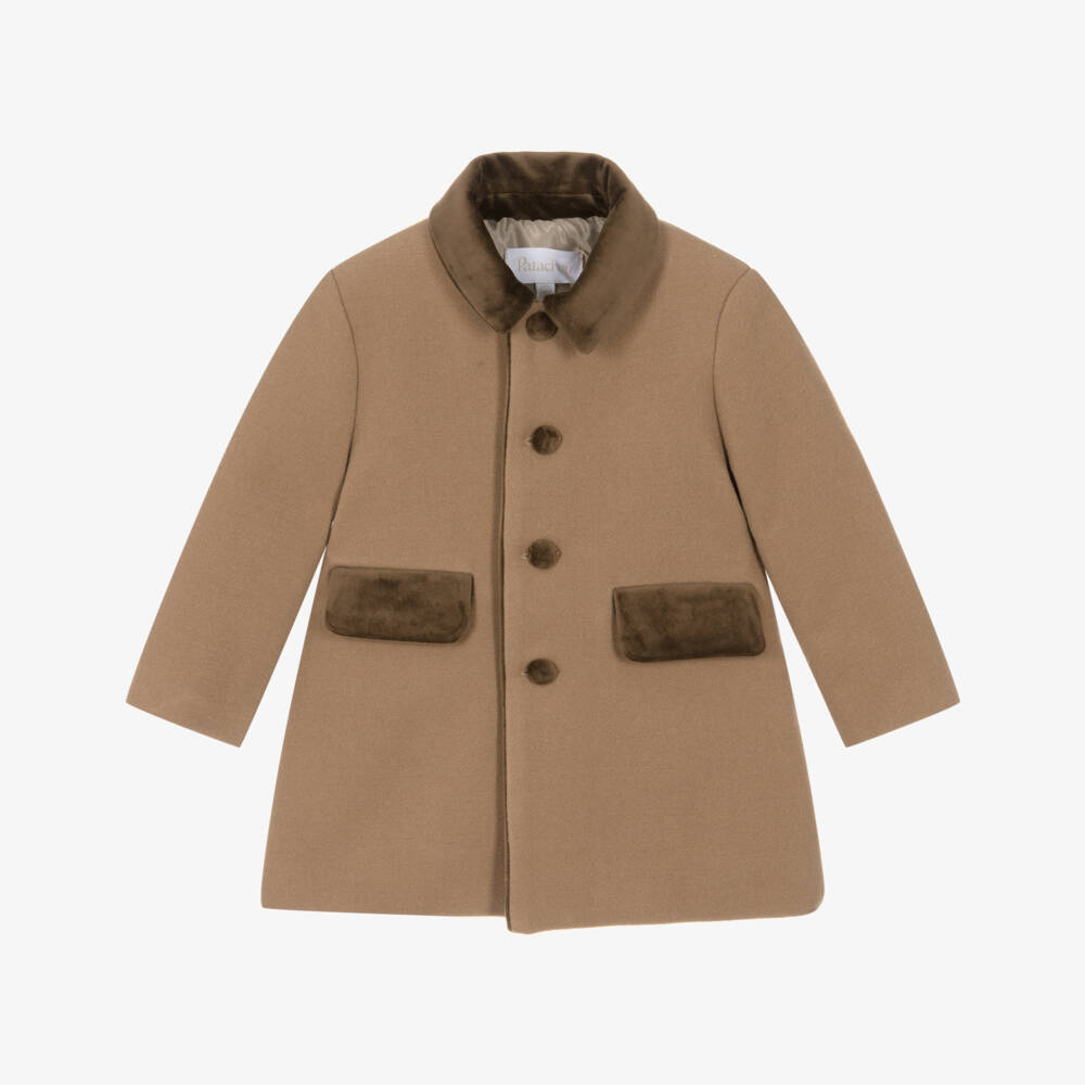 Patachou-Boys Brown Felted Coat with Velvet Collar | Childrensalon