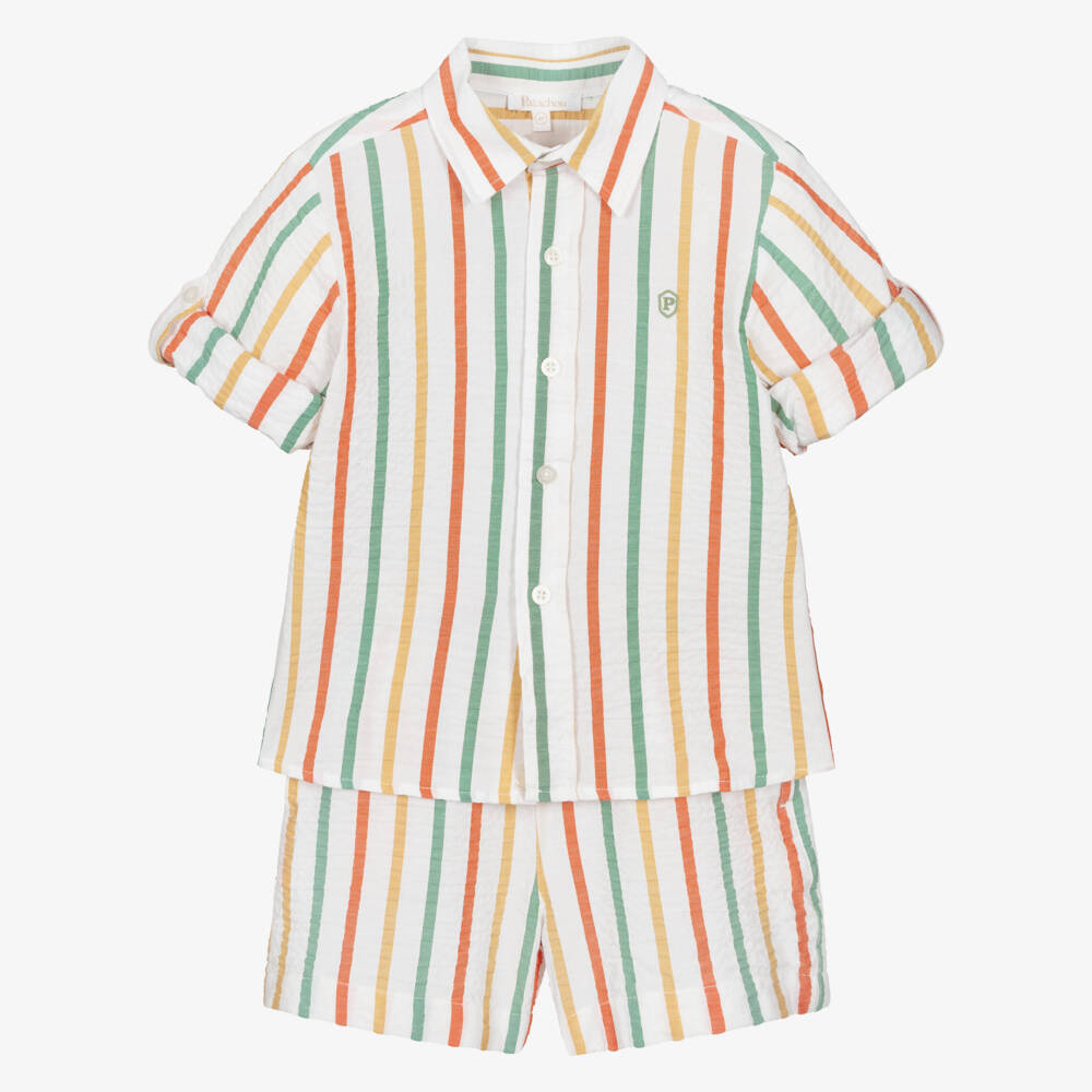 Patachou-Boys Ivory Striped Cotton Seersucker Shorts Set | Childrensalon