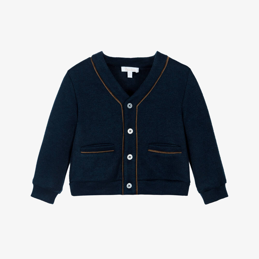 Patachou-Boys Navy Blue Cardigan with Velvet Trim | Childrensalon