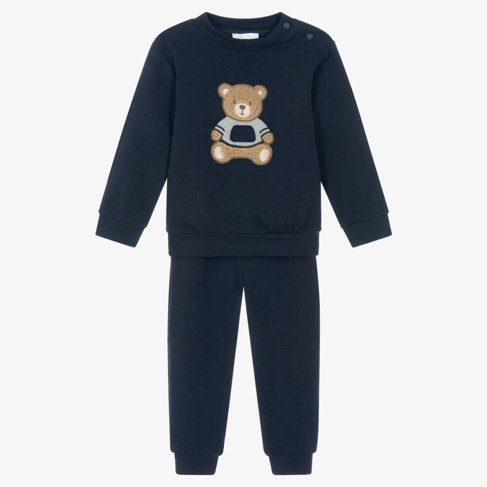 Patachou-Boys Navy Blue Cotton Tracksuit with Fluffy Bear Motif | Childrensalon
