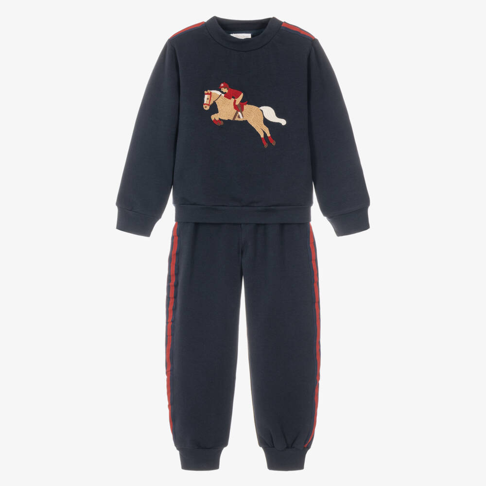 Patachou-Boys Navy Blue Cotton Tracksuit with Race Horse Embroidery | Childrensalon
