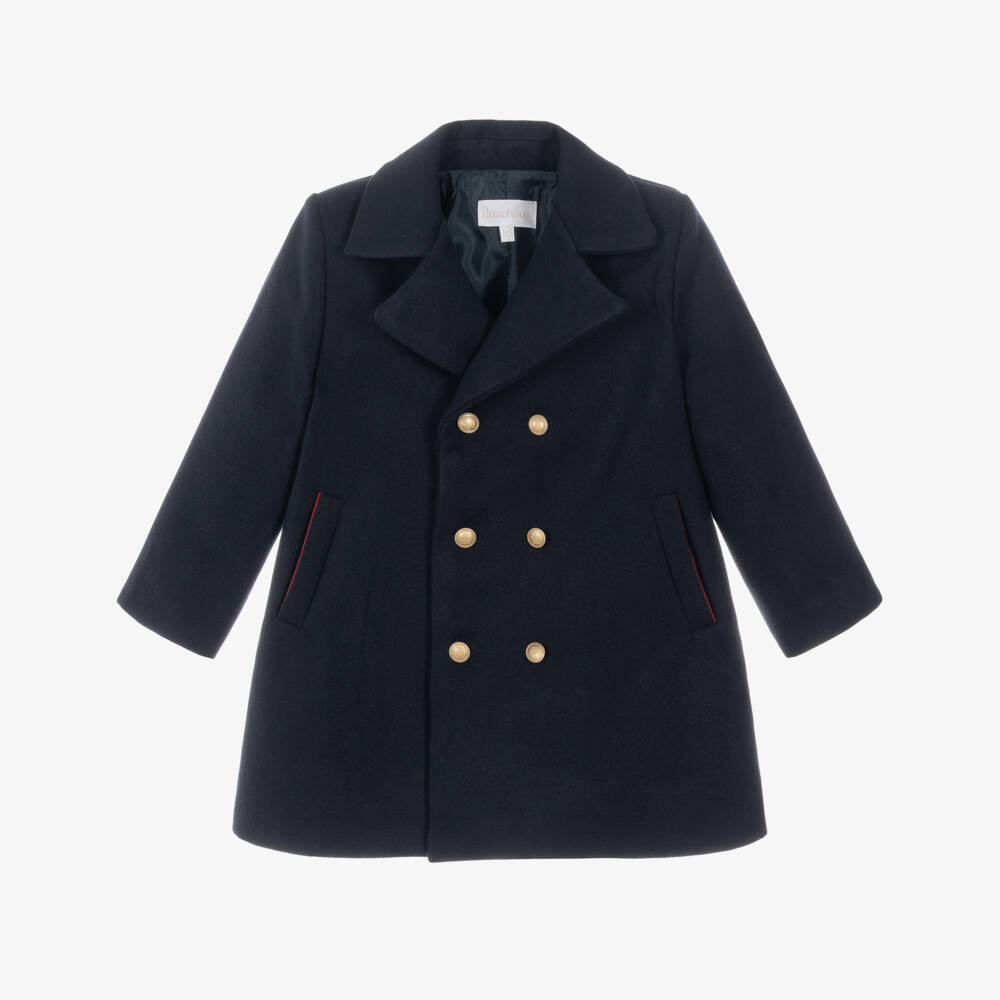 Patachou-Boys Navy Blue Double Breasted Felted Coat with Crest Button | Childrensalon