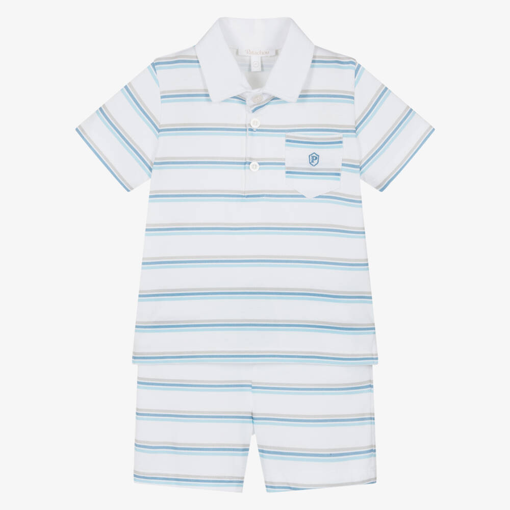 Patachou-Boys White & Blue Stripe Cotton Piqué Shorts Set | Childrensalon