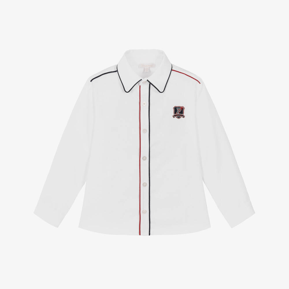 Patachou-Boys White Cotton Shirt with Red & Navy Blue Trim  | Childrensalon
