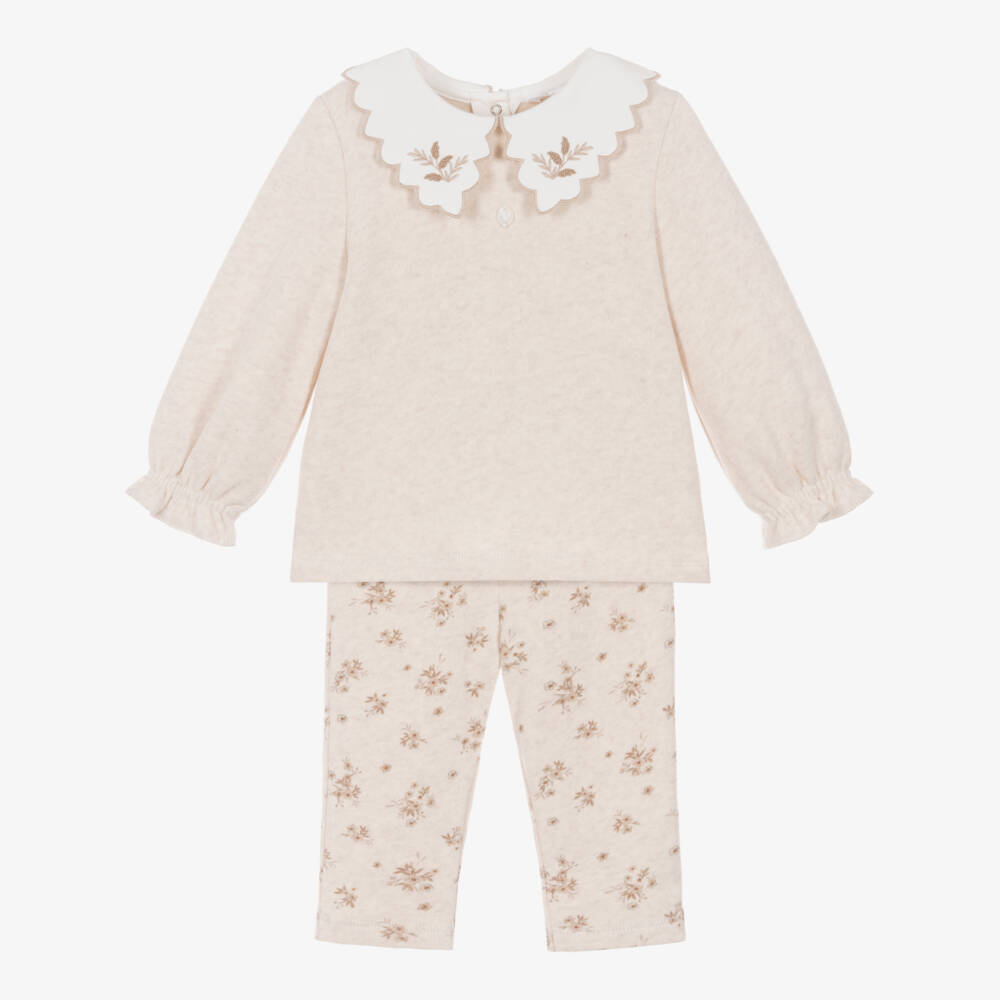 Patachou-Girls Beige Jersey Knit Floral Pattern Trouser Set | Childrensalon