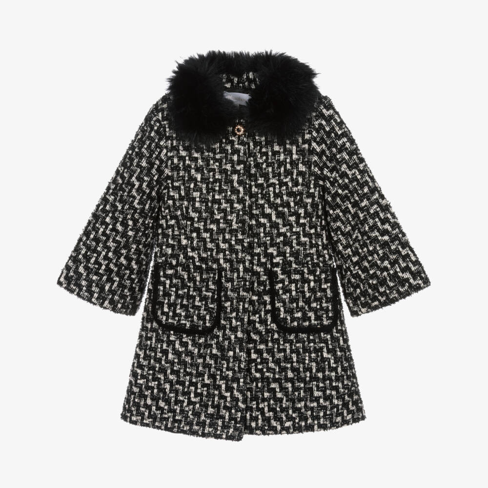Patachou-Girls Black & Ivory Tweed Coat with Faux Fur Collar | Childrensalon
