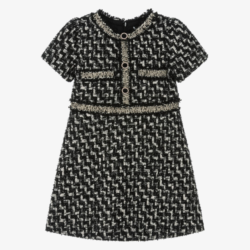 Patachou-Girls Black & Ivory Tweed Dress  | Childrensalon