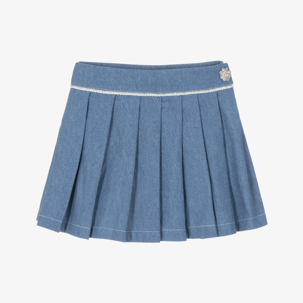 Patachou-Girls Blue Pleated Denim Skirt with Crystals & Pearl Beads | Childrensalon