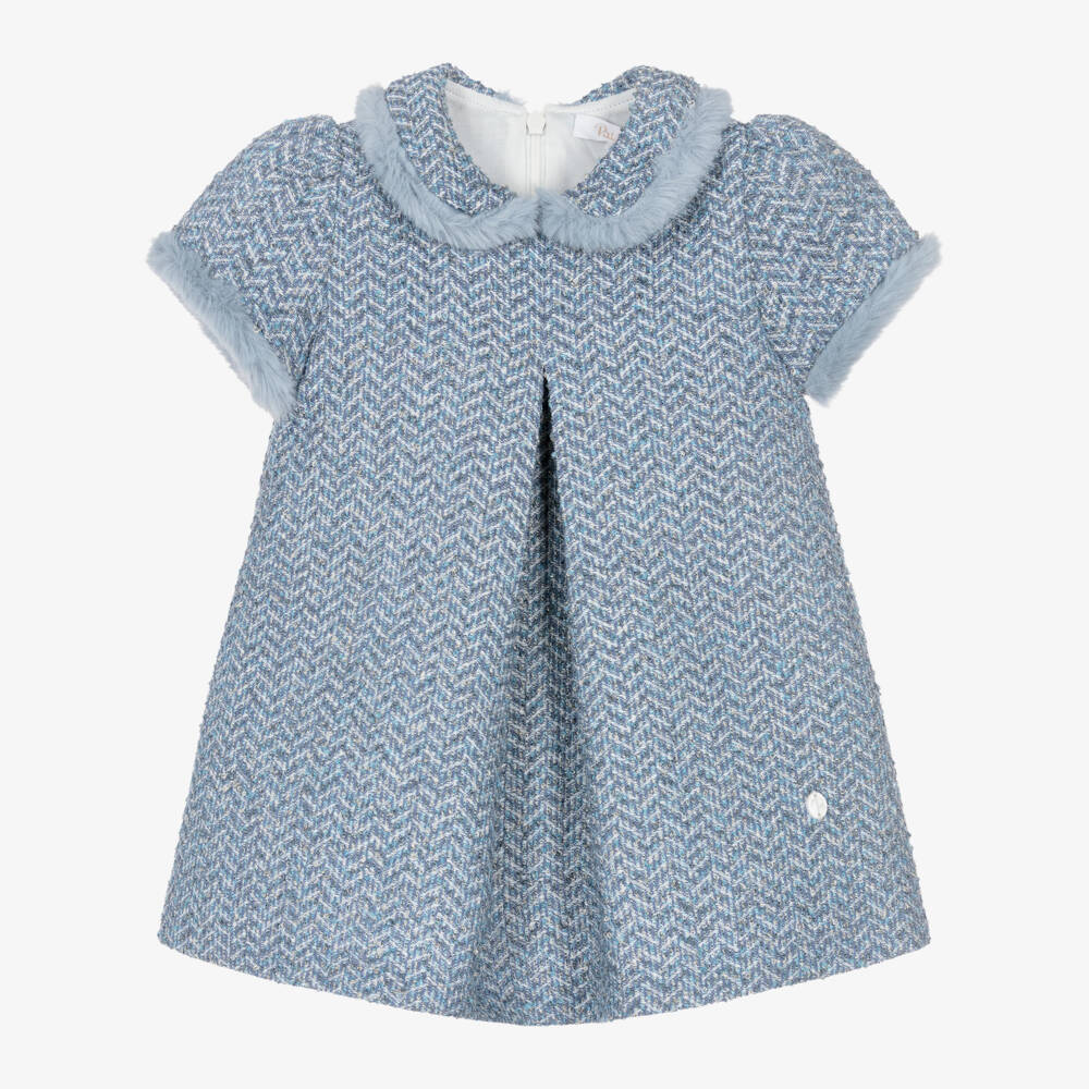 Patachou-Girls Blue Tweed Dress with Faux Fur Trim | Childrensalon
