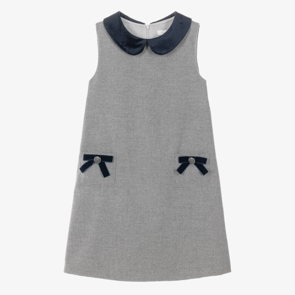 Patachou-Girls Grey Pinafore Dress with Navy Blue Velvet Collar | Childrensalon