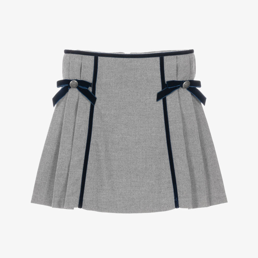 Patachou-Girls Grey Pleated Skirt with Navy Blue Trim | Childrensalon