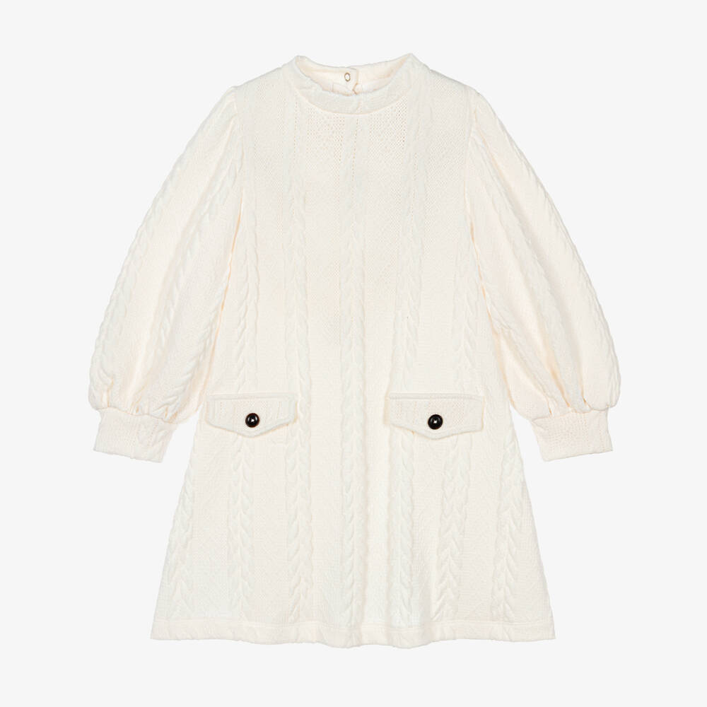 Patachou-Girls Ivory Cable Knit Dress with Puff Sleeves | Childrensalon
