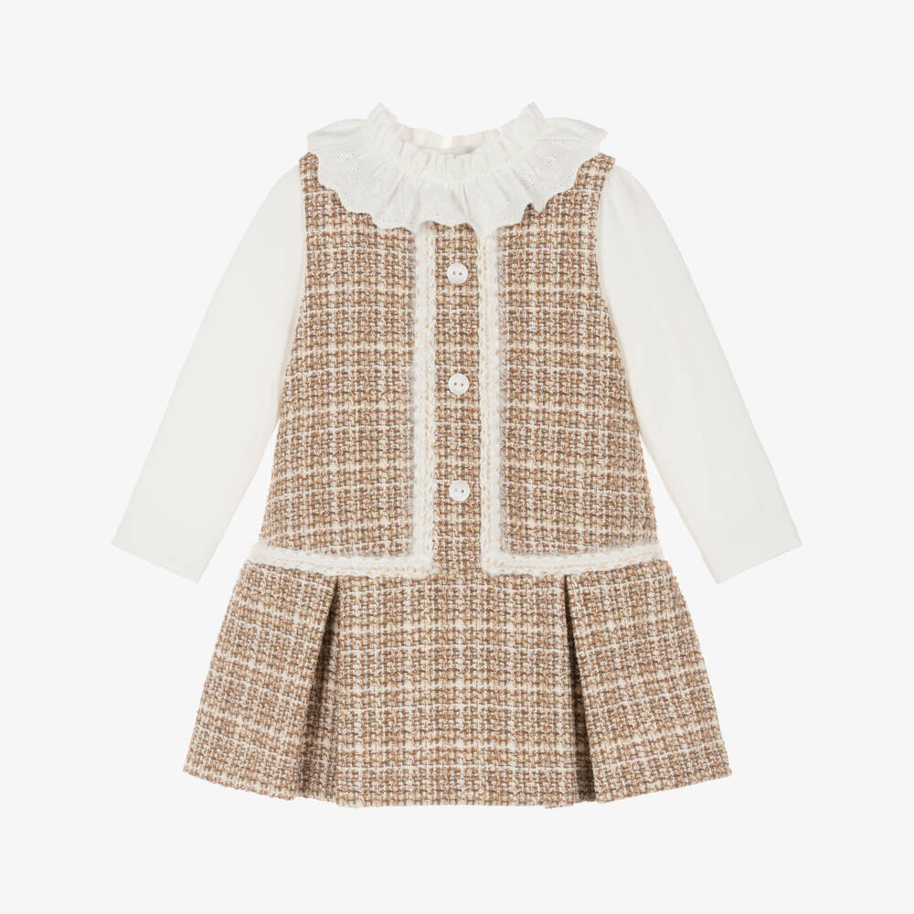 Patachou-Girls Ivory Cotton & Beige Tweed Dress Set | Childrensalon