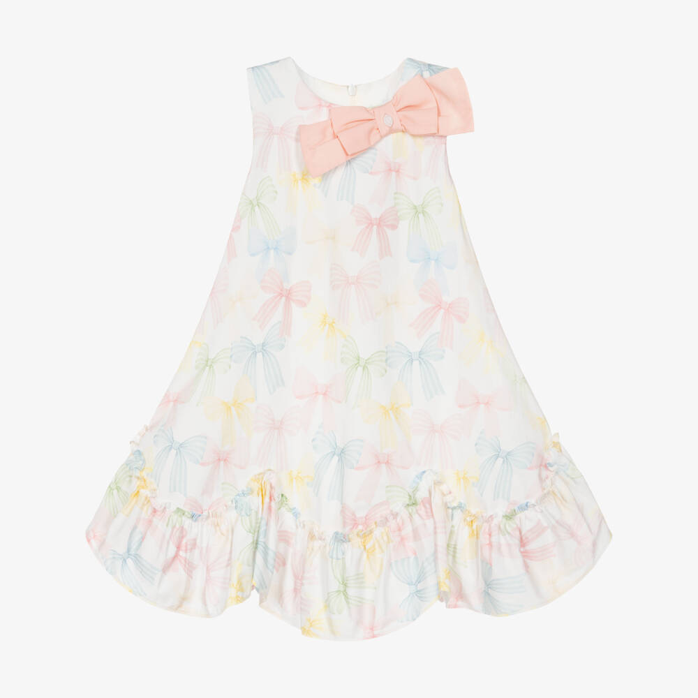 Patachou-Girls Ivory Cotton Dress with Pink Bow | Childrensalon
