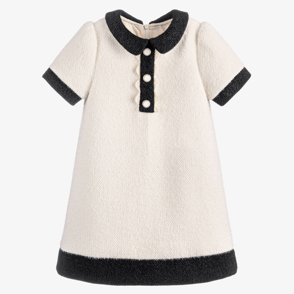 Patachou-Girls Ivory Fluffy Dress with Black Trims | Childrensalon