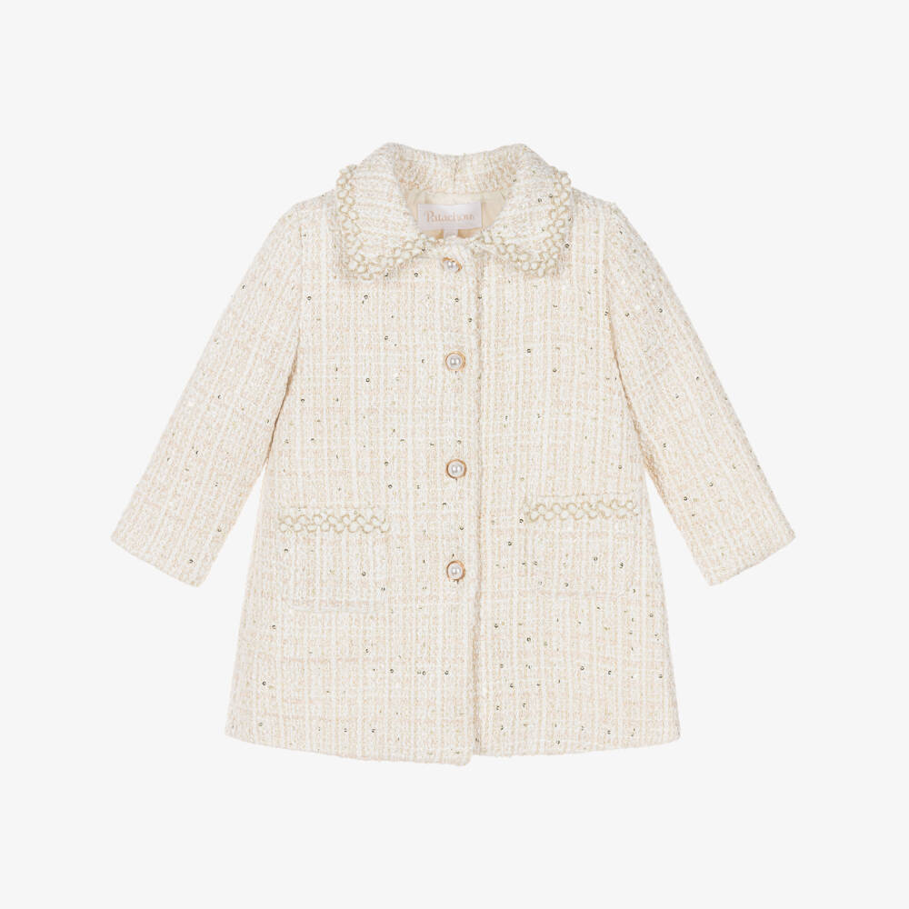 Patachou-Girls Ivory Tweed Coat with Sequins | Childrensalon