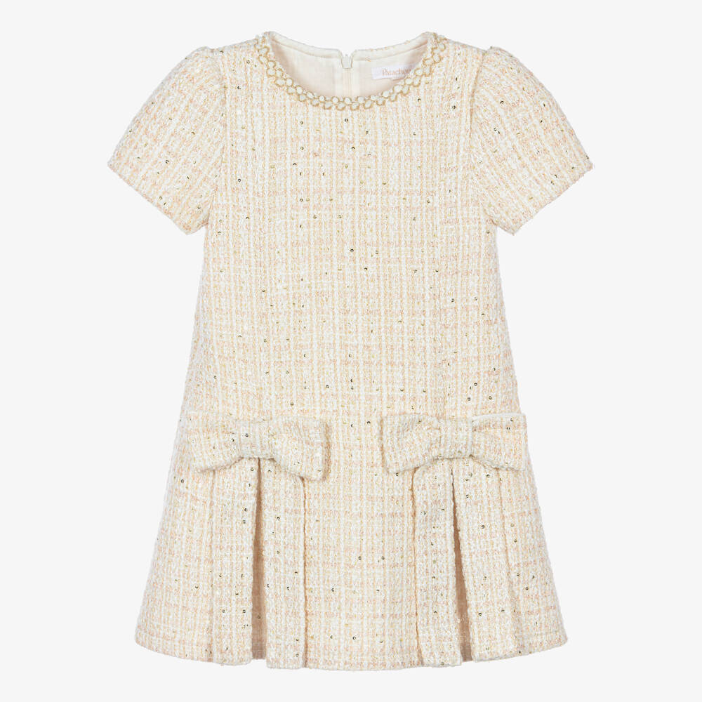 Patachou-Girls Ivory Tweed Dress with Sequins & Bows | Childrensalon
