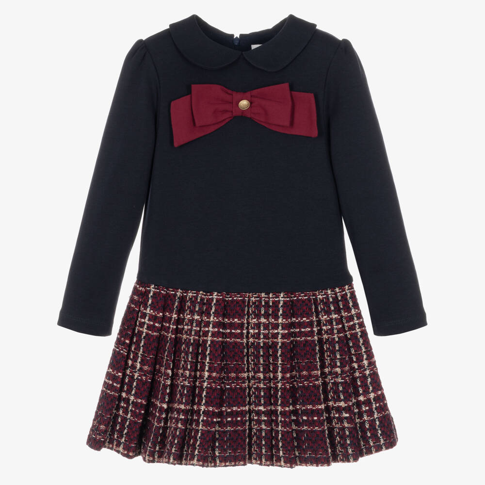 Patachou-Girls Navy Blue Jersey & Red Tweed Dress | Childrensalon