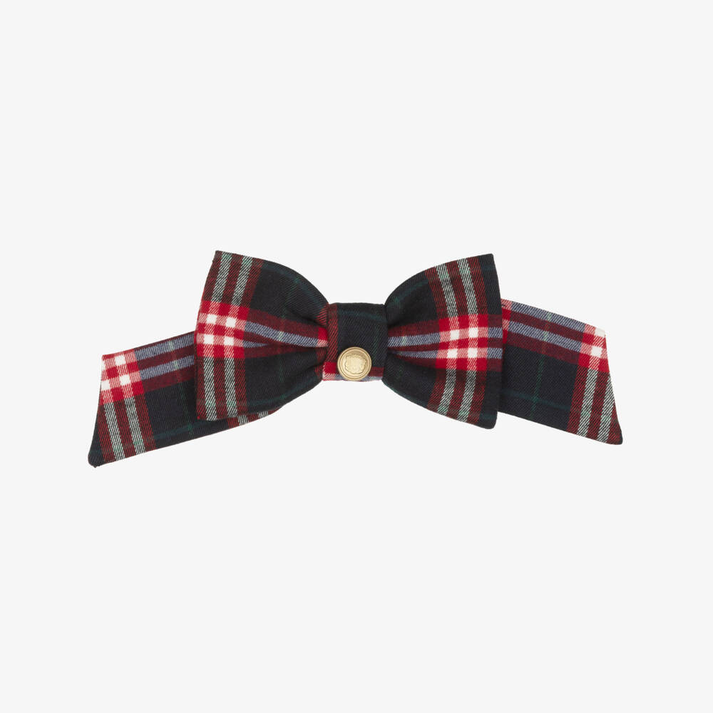 Patachou-Girls Navy Blue & Red Tartan Bow Hair Clip (13cm) | Childrensalon