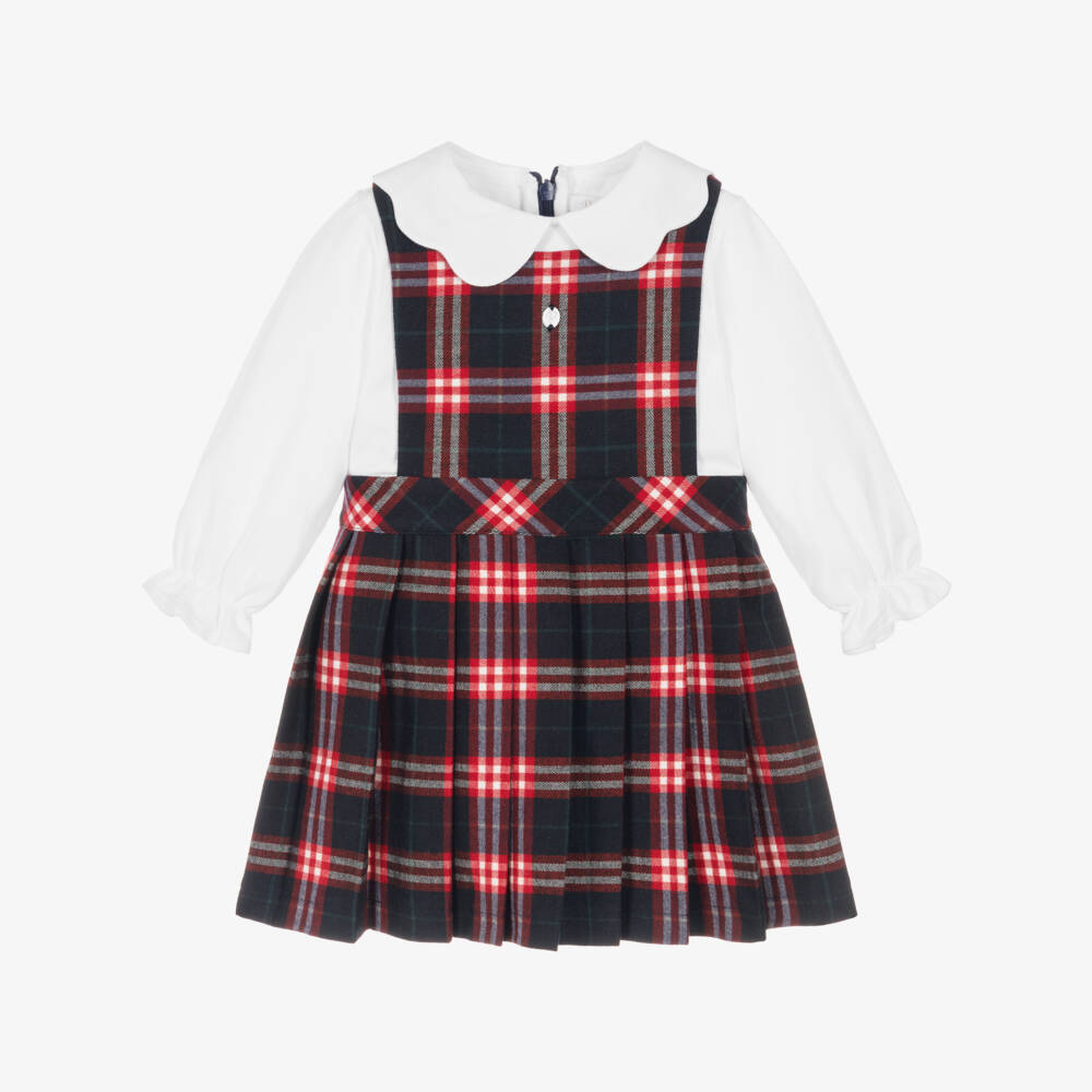 Patachou-Girls Navy Blue & Red Tartan Check Pinafore Dress | Childrensalon