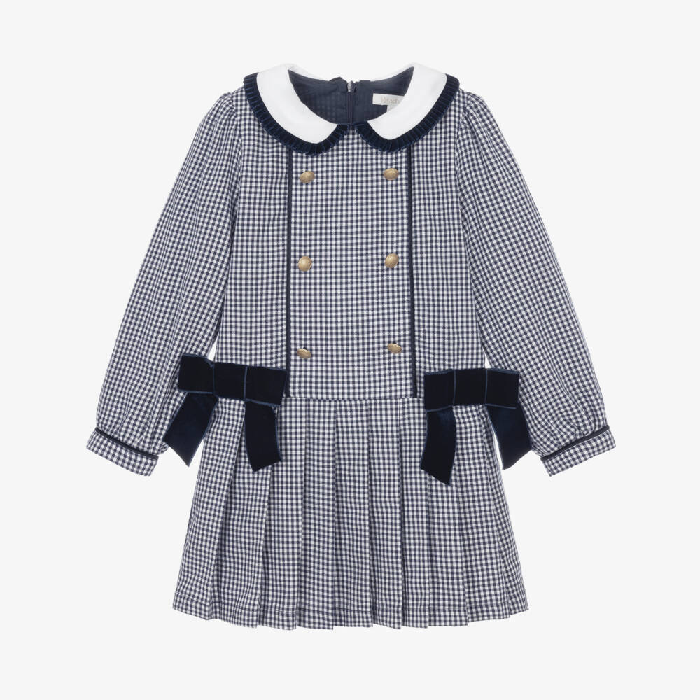 Patachou-Girls Navy Blue & White Gingham Dress with Bows | Childrensalon