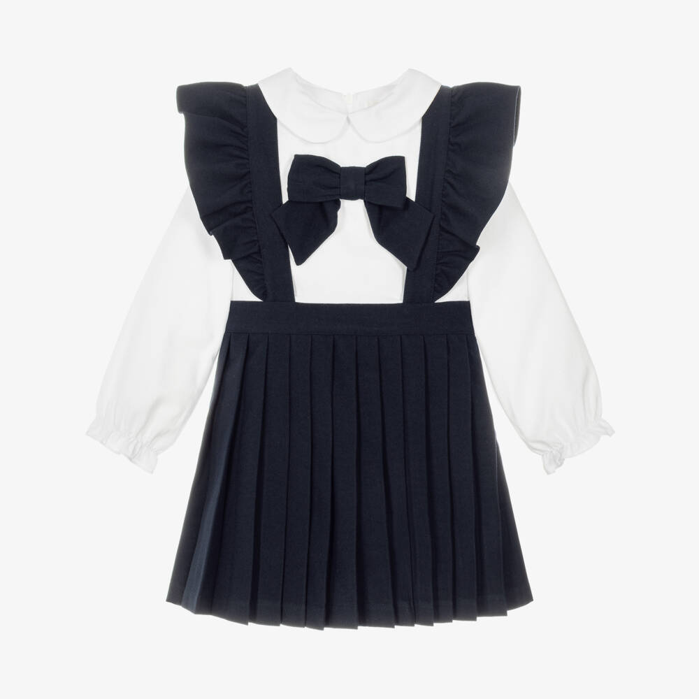 Patachou-Girls Navy Blue & White Pleated Pinafore Dress | Childrensalon