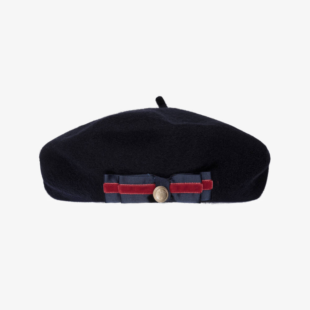 Patachou-Girls Navy Blue Wool Beret with Bow | Childrensalon