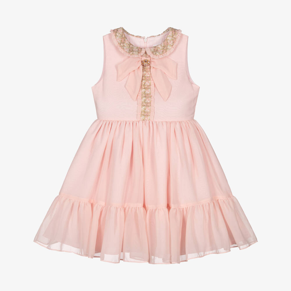 Patachou-Girls Pink Chiffon Bow Dress with Glittery Tweed Trims | Childrensalon