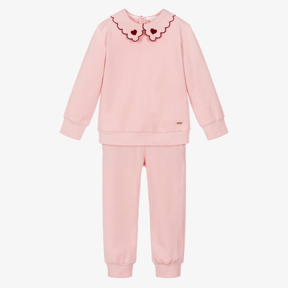 Patachou-Girls Pink Jersey Tracksuit with Scalloped Collar | Childrensalon