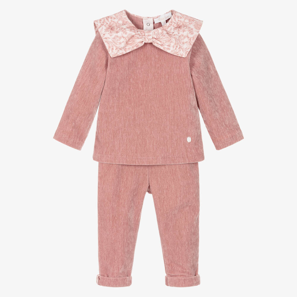 Patachou-Girls Pink Velour Trouser Set with Liberty Print Collar | Childrensalon