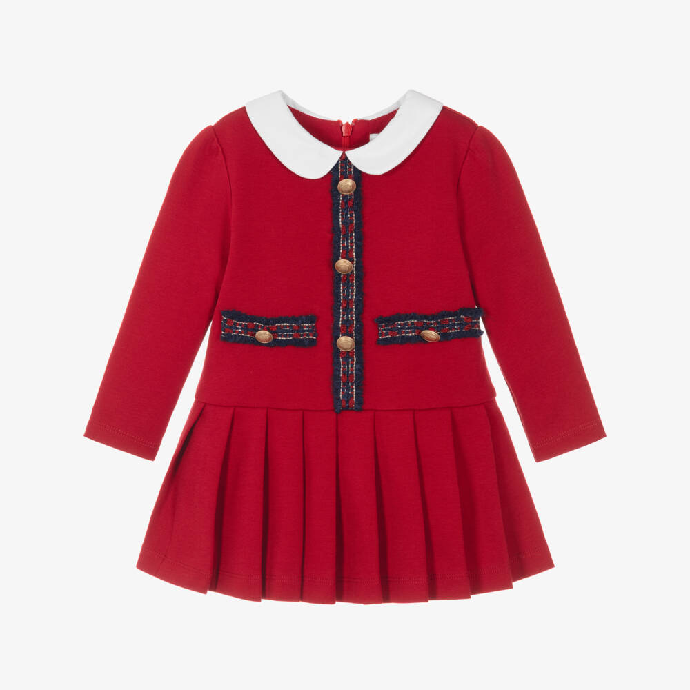 Patachou-Girls Red Cotton Jersey Dress with Tartan Trims | Childrensalon