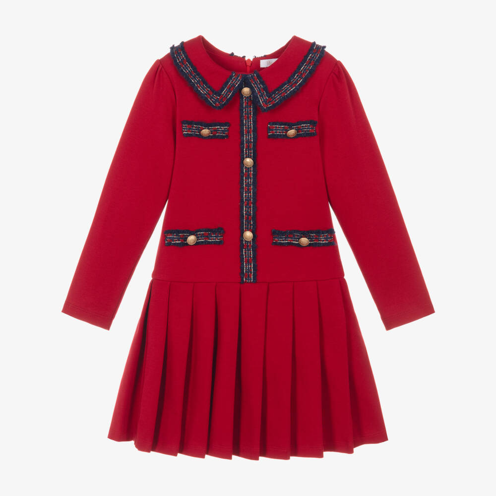 Patachou-Girls Red Cotton Jersey Tartan Trim Dress | Childrensalon